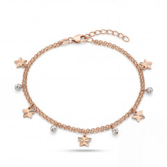 Stylish 18K rose gold double chain anklet with star motifs and sparkling bead charms crafted in a modern playful design by Pachchigar Jewellers Ashokbhai