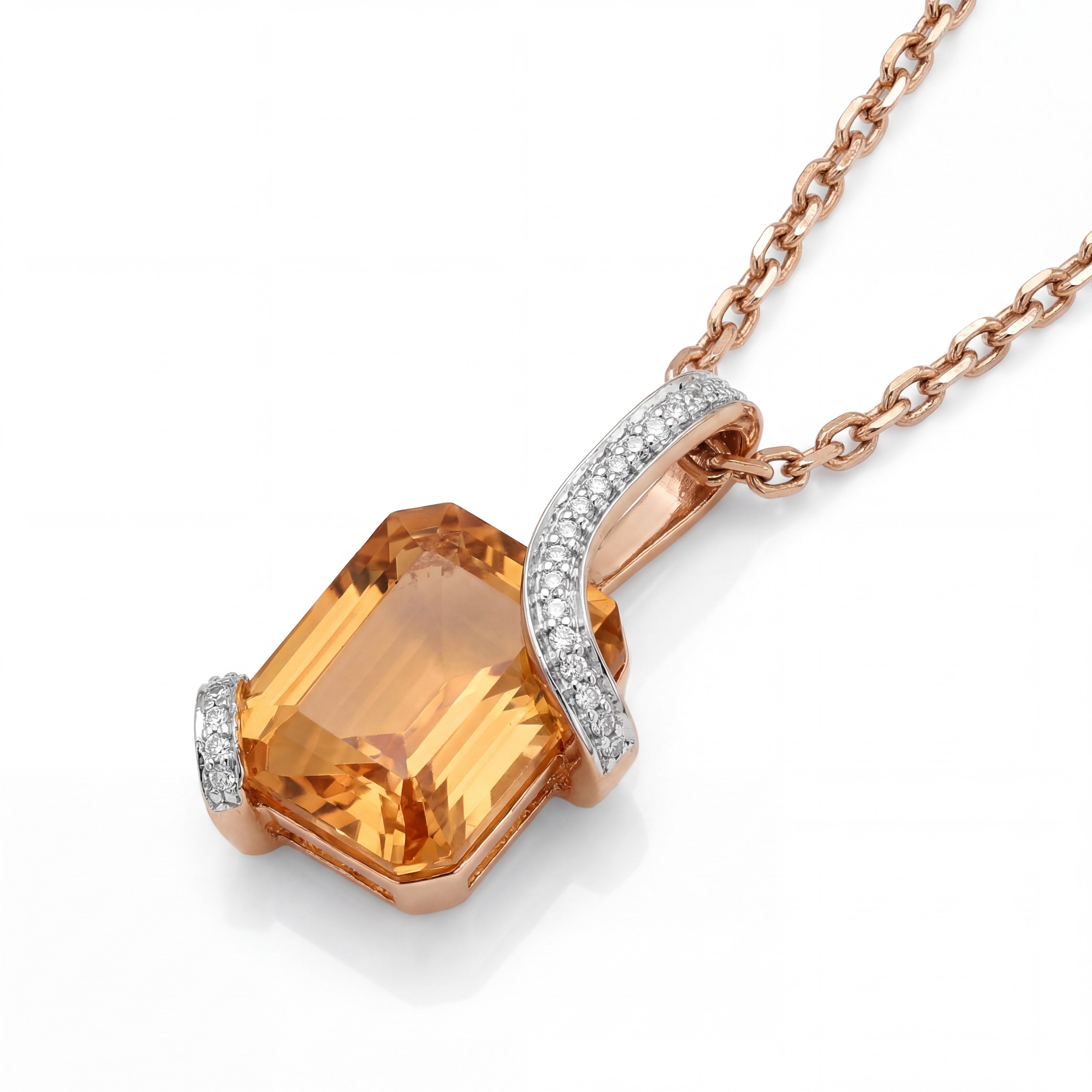 Elegant 18K rose gold citrine diamond pendant necklace featuring emerald cut golden citrine gemstone with curved pavé diamond bail by Pachchigar Jewellers Ashokbhai