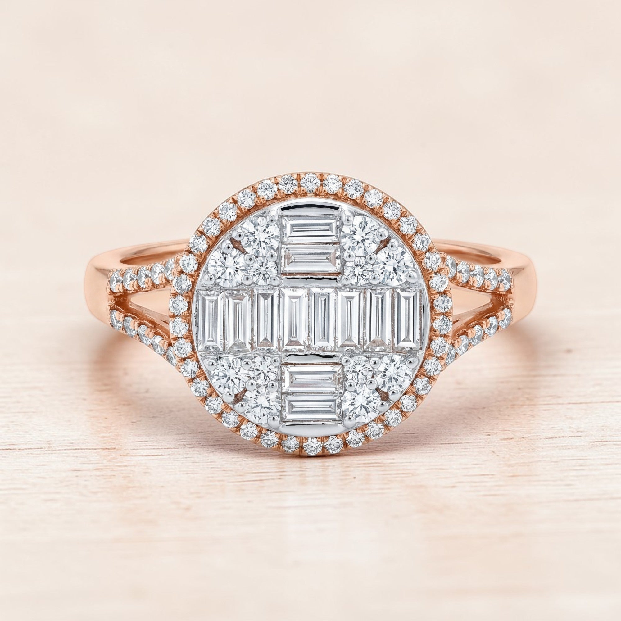 Luxurious 18K rose gold diamond art deco statement ring featuring baguette cut diamonds with round diamond detailing and halo frame by Pachchigar Jewellers Ashokbhai