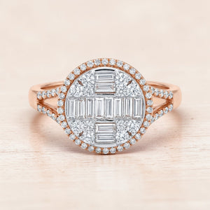 Luxurious 18K rose gold diamond art deco statement ring featuring baguette cut diamonds with round diamond detailing and halo frame by Pachchigar Jewellers Ashokbhai