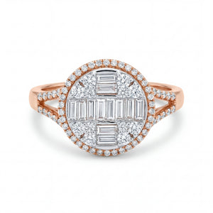 Elegant 18K rose gold diamond baguette halo ring featuring baguette and round diamond cluster center with pavé halo and split shank by Pachchigar Jewellers Ashokbhai