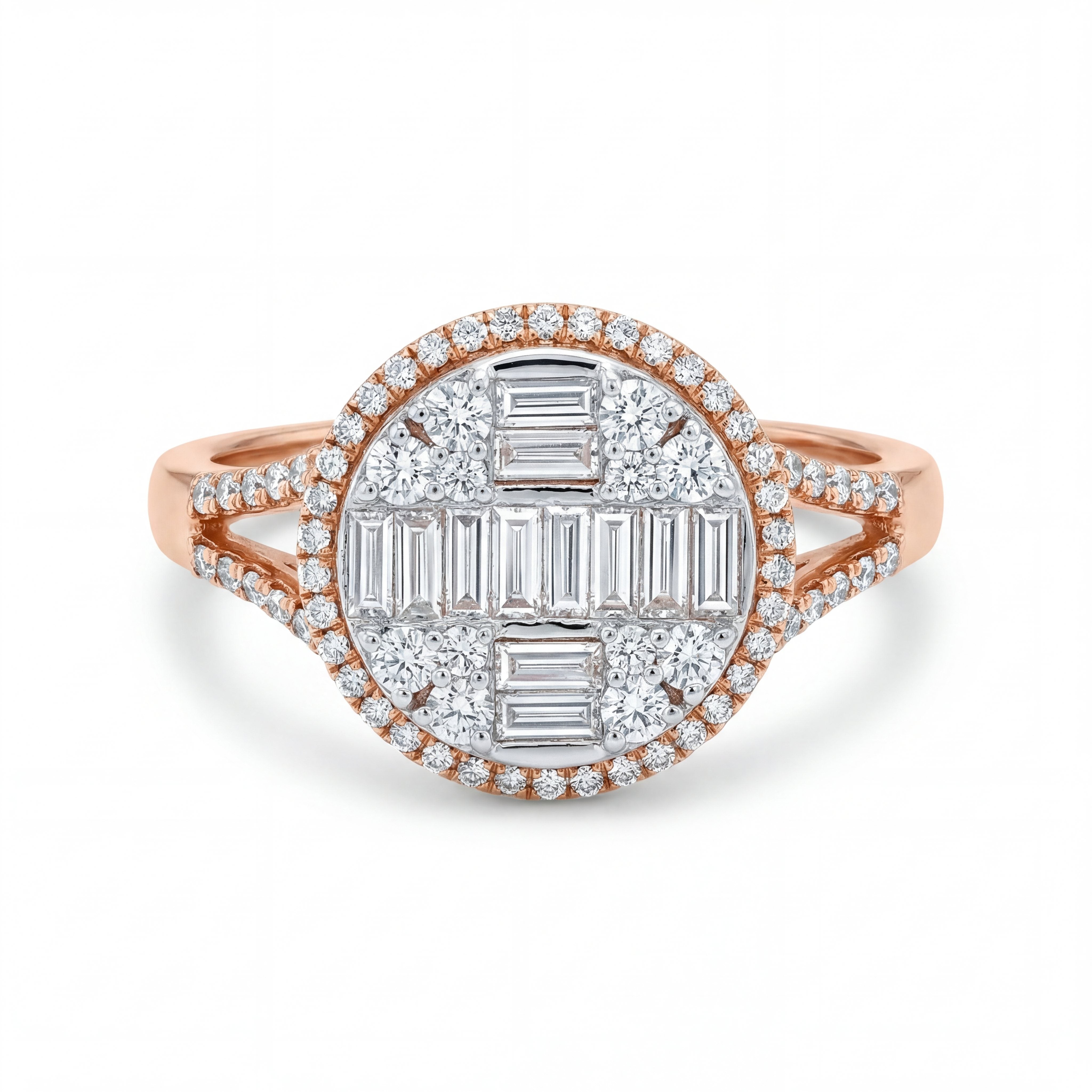 Elegant 18K rose gold diamond baguette halo ring featuring baguette and round diamond cluster center with pavé halo and split shank by Pachchigar Jewellers Ashokbhai
