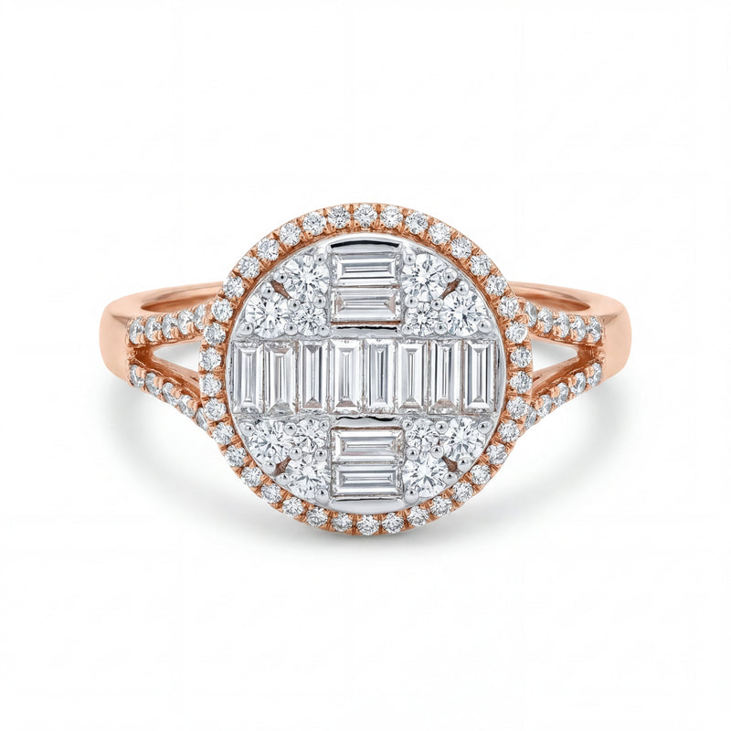 Elegant 18K rose gold diamond baguette halo ring featuring baguette and round diamond cluster center with pavé halo and split shank by Pachchigar Jewellers Ashokbhai
