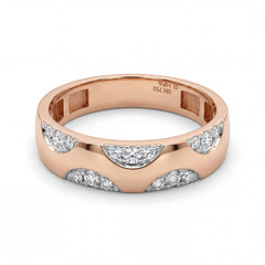 Luxurious 18K rose gold diamond classic gents wedding band featuring inset round diamond crescent detailing with sleek modern finish by Pachchigar Jewellers Ashokbhai