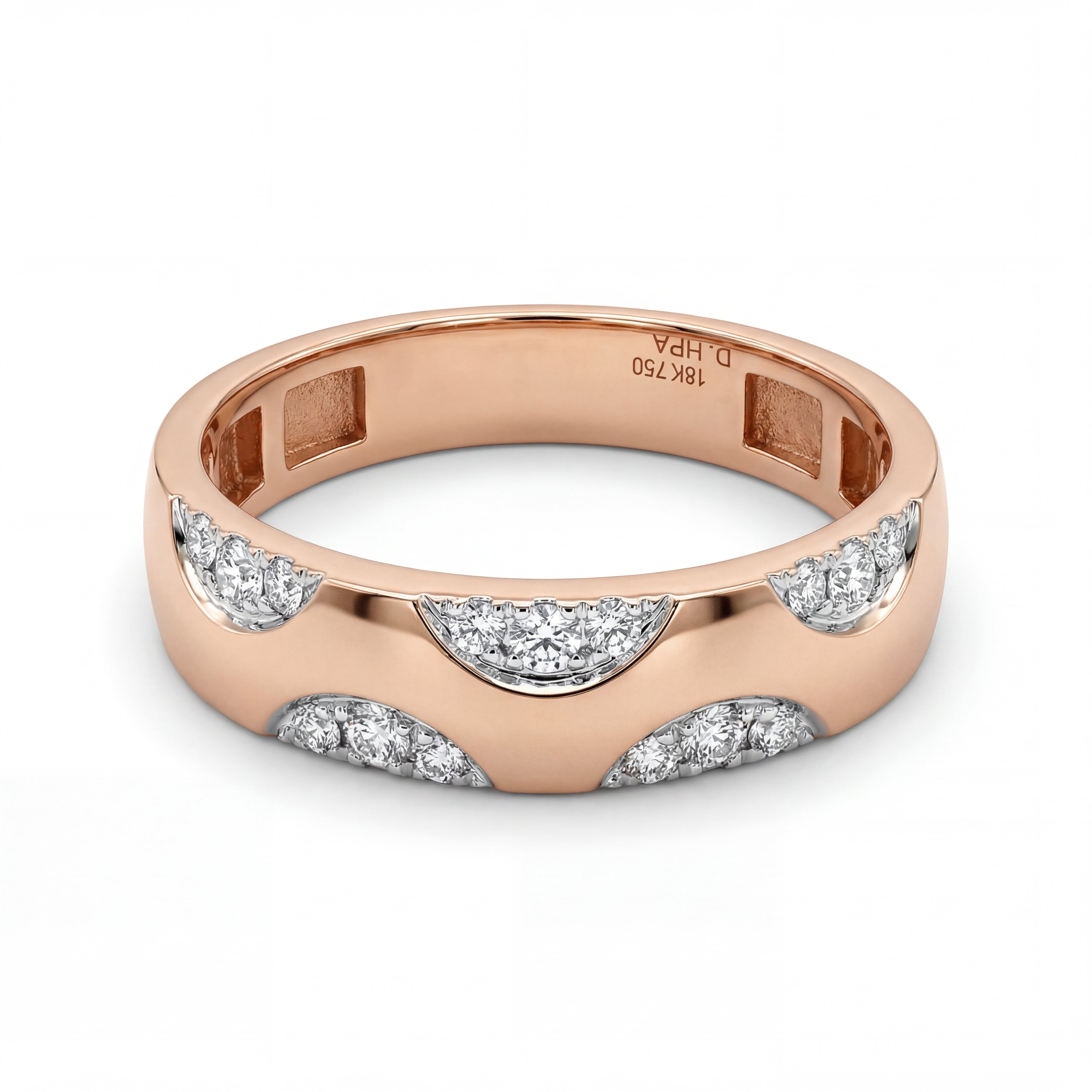 Luxurious 18K rose gold diamond classic gents wedding band featuring inset round diamond crescent detailing with sleek modern finish by Pachchigar Jewellers Ashokbhai