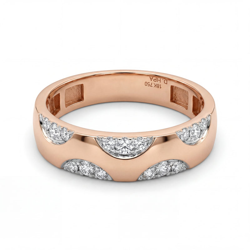 Luxurious 18K rose gold diamond classic gents wedding band featuring inset round diamond crescent detailing with sleek modern finish by Pachchigar Jewellers Ashokbhai