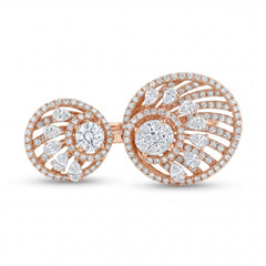 Elegant 18K rose gold diamond dual disc adjustable ring featuring round center diamonds with pear cut accents and pavé openwork circular design by Pachchigar Jewellers Ashokbhai