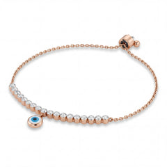 Elegant 18K rose gold diamond evil eye adjustable bracelet featuring curved row of sparkling diamonds with blue evil eye charm by Pachchigar Jewellers Ashokbhai