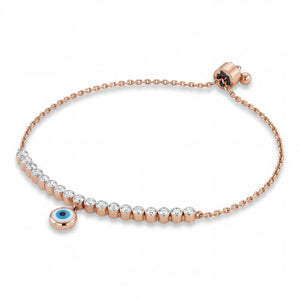 Elegant 18K rose gold diamond evil eye adjustable bracelet featuring curved row of sparkling diamonds with blue evil eye charm by Pachchigar Jewellers Ashokbhai