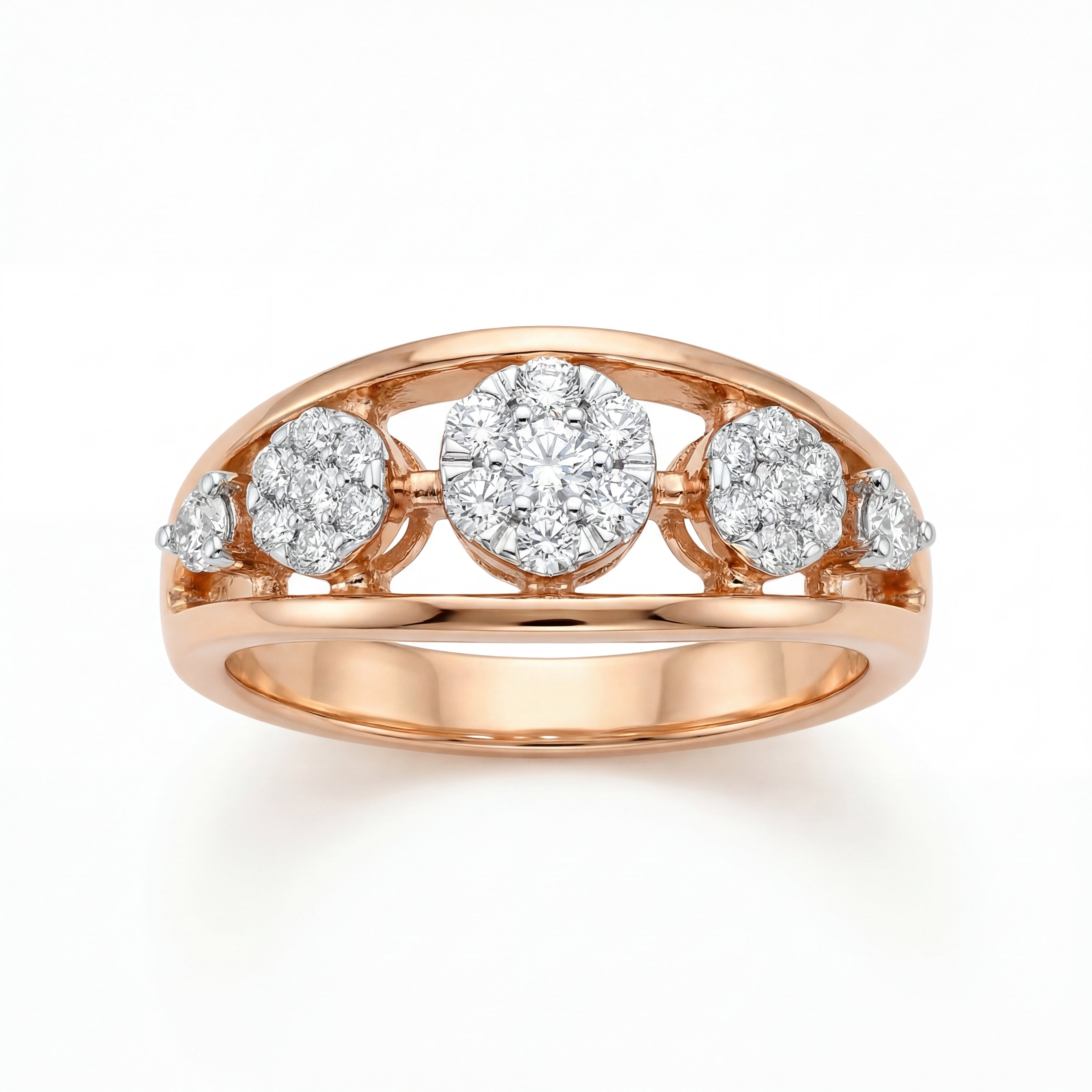 Elegant 18K rose gold diamond five stone ring featuring round brilliant diamonds in an open gallery band design by Pachchigar Jewellers Ashokbhai