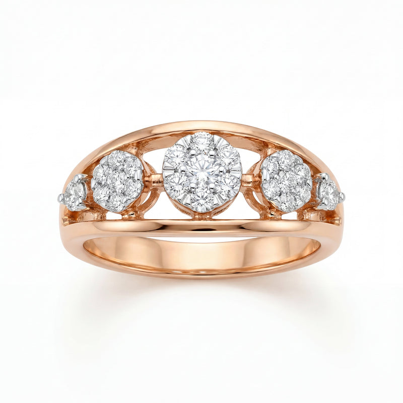 Elegant 18K rose gold diamond five stone ring featuring round brilliant diamonds in an open gallery band design by Pachchigar Jewellers Ashokbhai