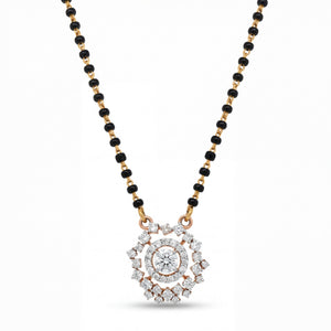 Elegant 18K rose gold diamond floral mangalsutra pendant necklace featuring round center diamond halo with sparkling floral cluster design and black bead chain by Pachchigar Jewellers Ashokbhai