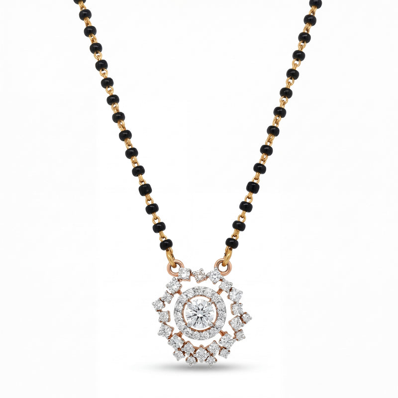 Elegant 18K rose gold diamond floral mangalsutra pendant necklace featuring round center diamond halo with sparkling floral cluster design and black bead chain by Pachchigar Jewellers Ashokbhai