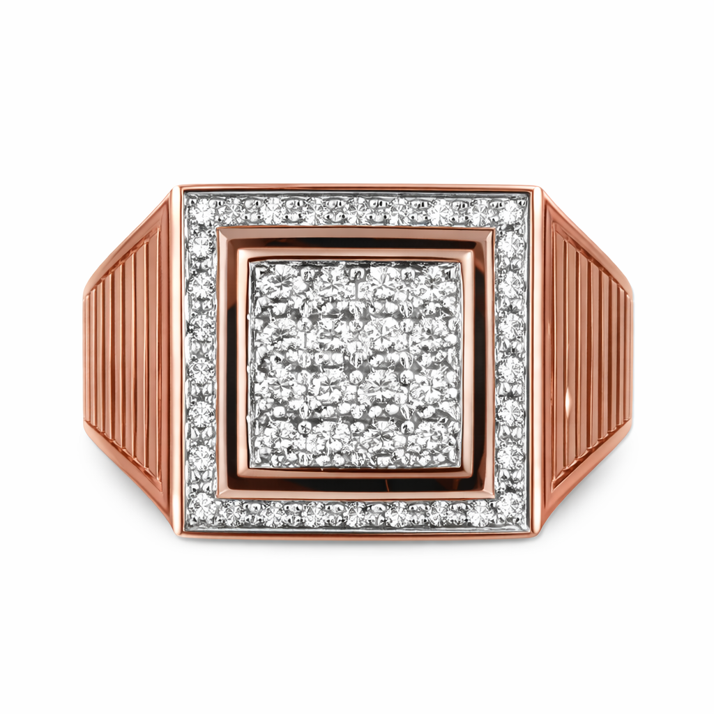 Elegant 18K rose gold diamond gents square statement ring featuring pavé diamond center with double halo frame and ribbed side shank by Pachchigar Jewellers Ashokbhai
