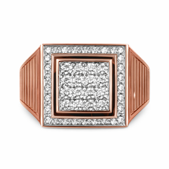 Elegant 18K rose gold diamond gents square statement ring featuring pavé diamond center with double halo frame and ribbed side shank by Pachchigar Jewellers Ashokbhai