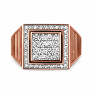 Elegant 18K rose gold diamond gents square statement ring featuring pavé diamond center with double halo frame and ribbed side shank by Pachchigar Jewellers Ashokbhai