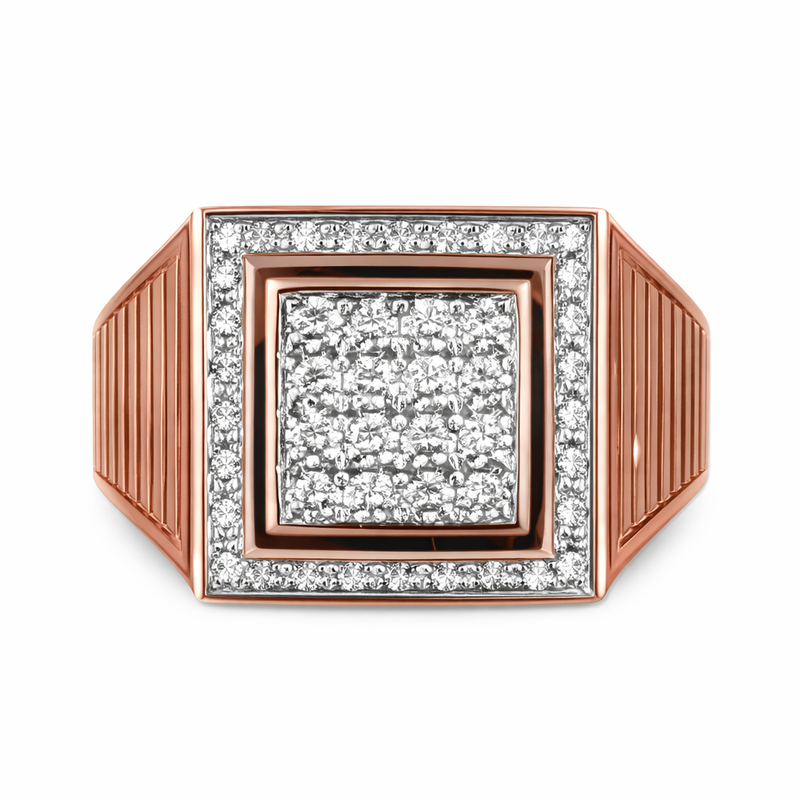 Elegant 18K rose gold diamond gents square statement ring featuring pavé diamond center with double halo frame and ribbed side shank by Pachchigar Jewellers Ashokbhai