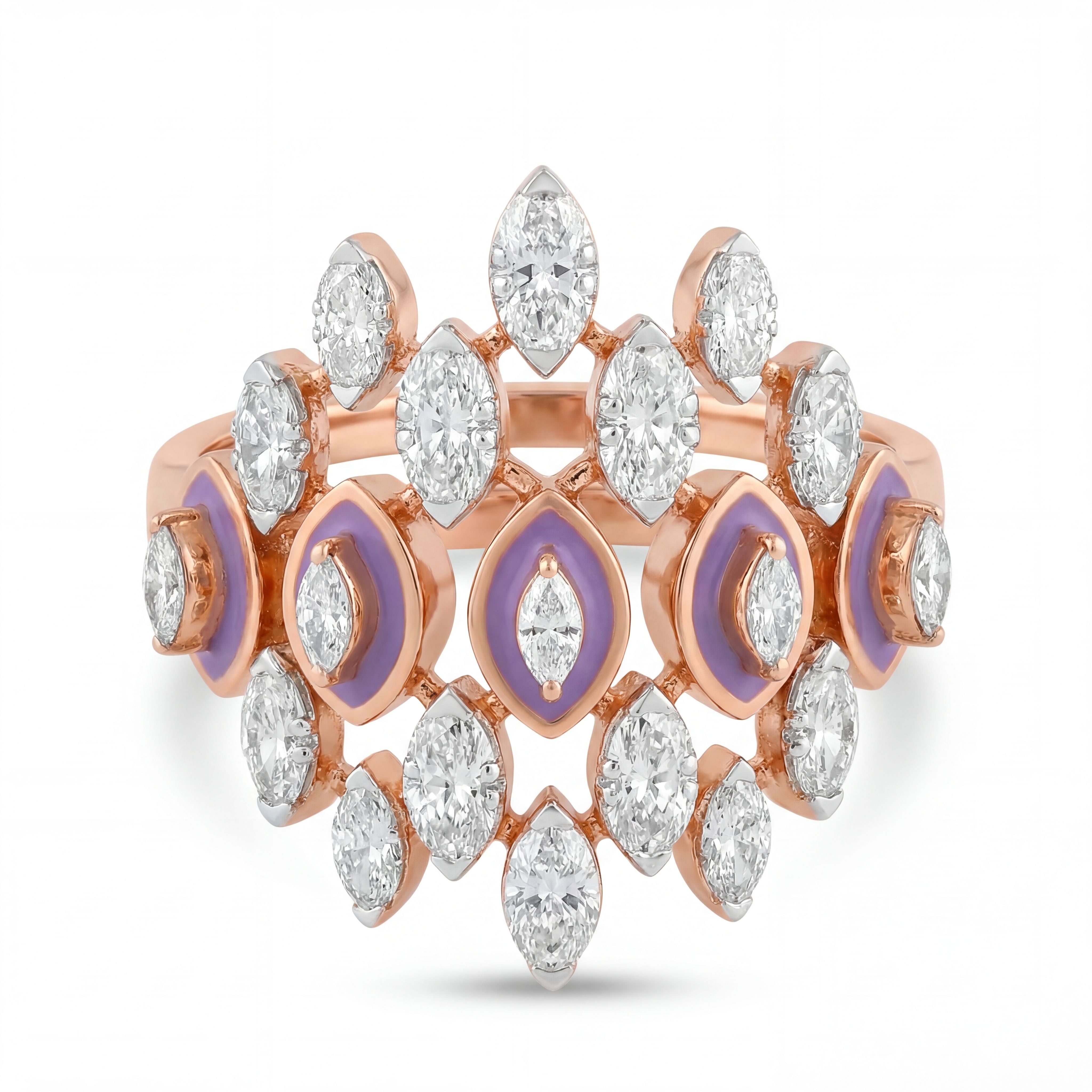 Elegant 18K rose gold diamond crown statement ring featuring marquise cut diamonds with lavender enamel detailing by Pachchigar Jewellers Ashokbhai