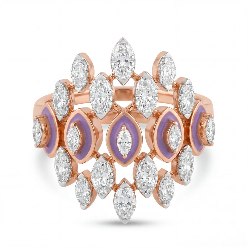 Elegant 18K rose gold diamond crown statement ring featuring marquise cut diamonds with lavender enamel detailing by Pachchigar Jewellers Ashokbhai