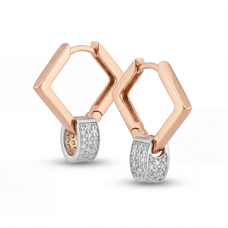 Modern 18K rose gold square hoop earrings featuring pavé diamond huggie drops in an elegant dual design by Pachchigar Jewellers Ashokbhai