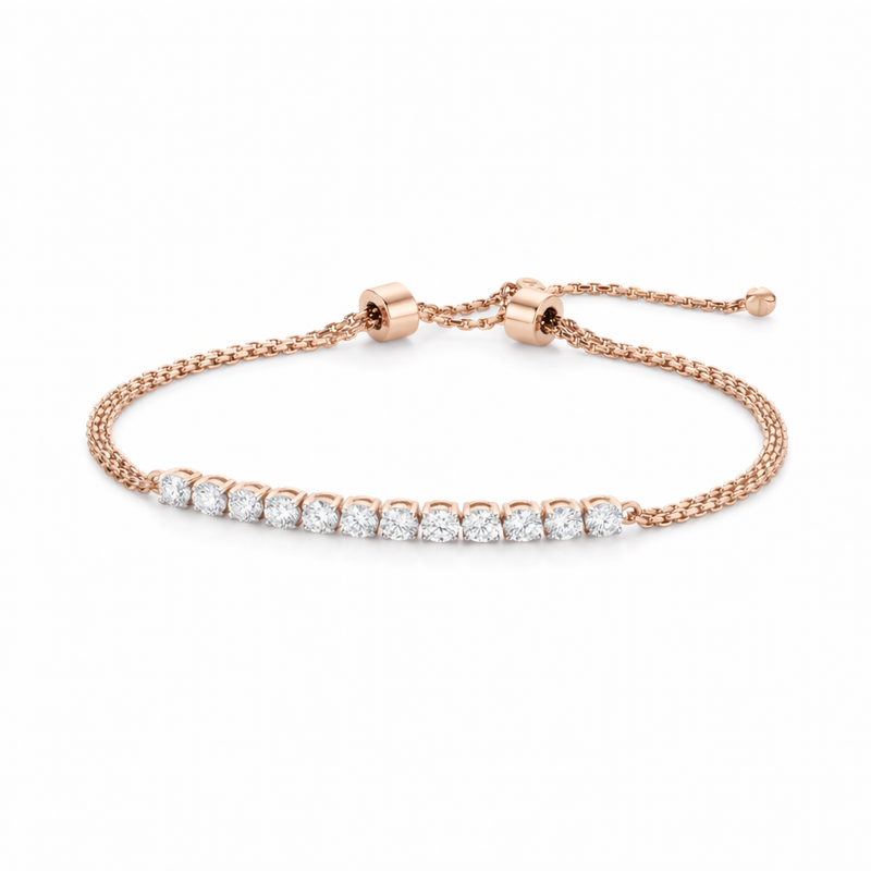 Elegant 18K rose gold diamond tennis adjustable bracelet featuring row of round brilliant diamonds with sliding clasp chain by Pachchigar Jewellers Ashokbhai