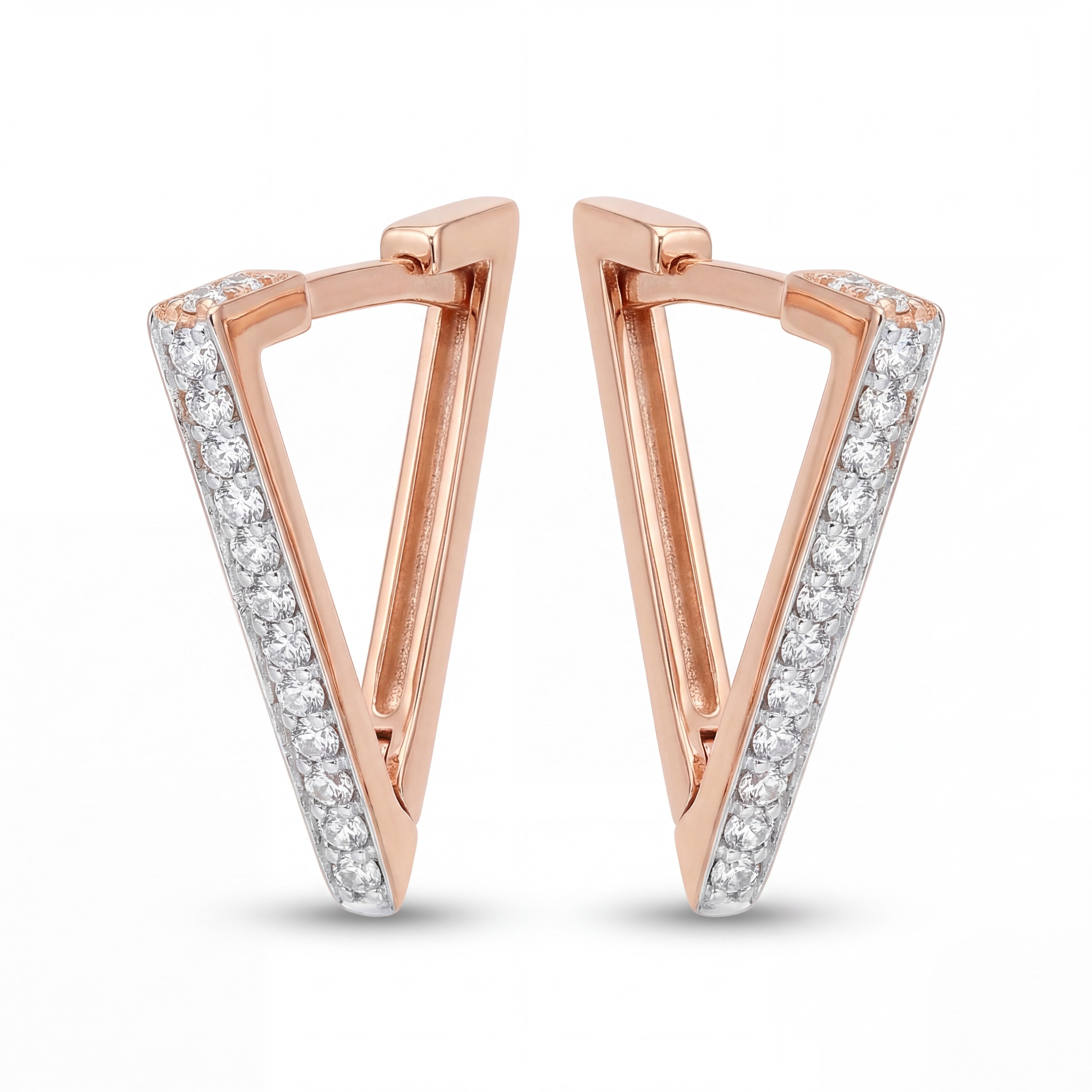 Contemporary 18K rose gold triangle hoop earrings featuring pavé set diamonds on sleek geometric frames by Pachchigar Jewellers Ashokbhai