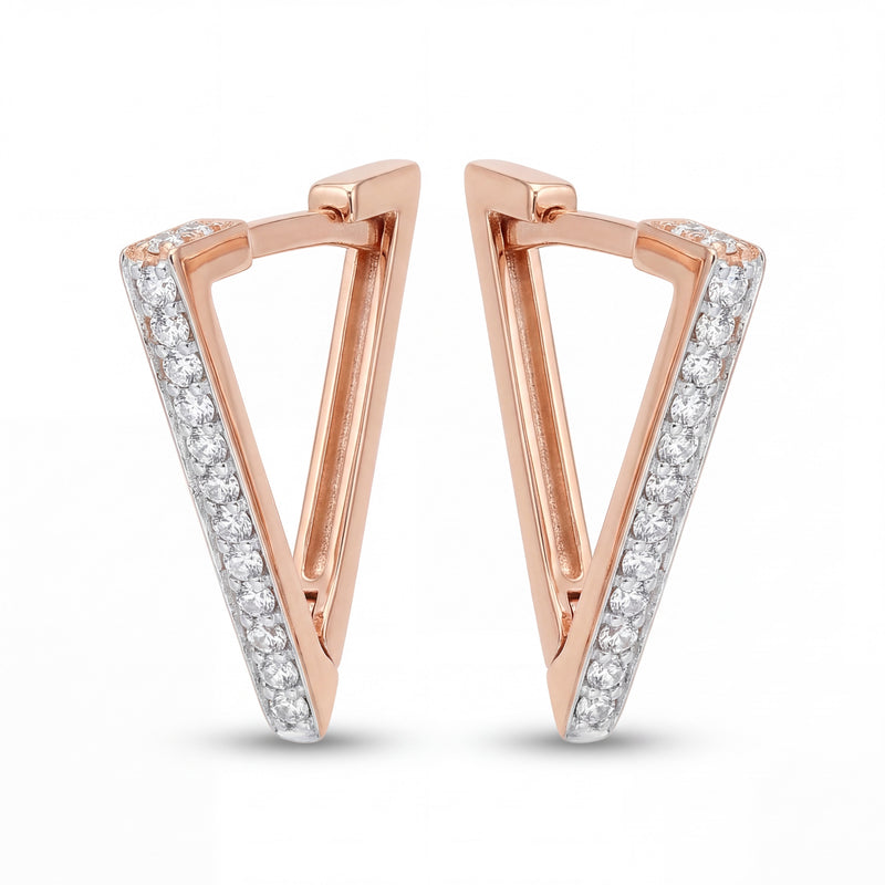 Contemporary 18K rose gold triangle hoop earrings featuring pavé set diamonds on sleek geometric frames by Pachchigar Jewellers Ashokbhai