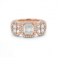 Elegant 18K rose gold diamond triple halo statement ring featuring emerald cut center diamond with oval side diamonds and pavé halo setting by Pachchigar Jewellers Ashokbhai