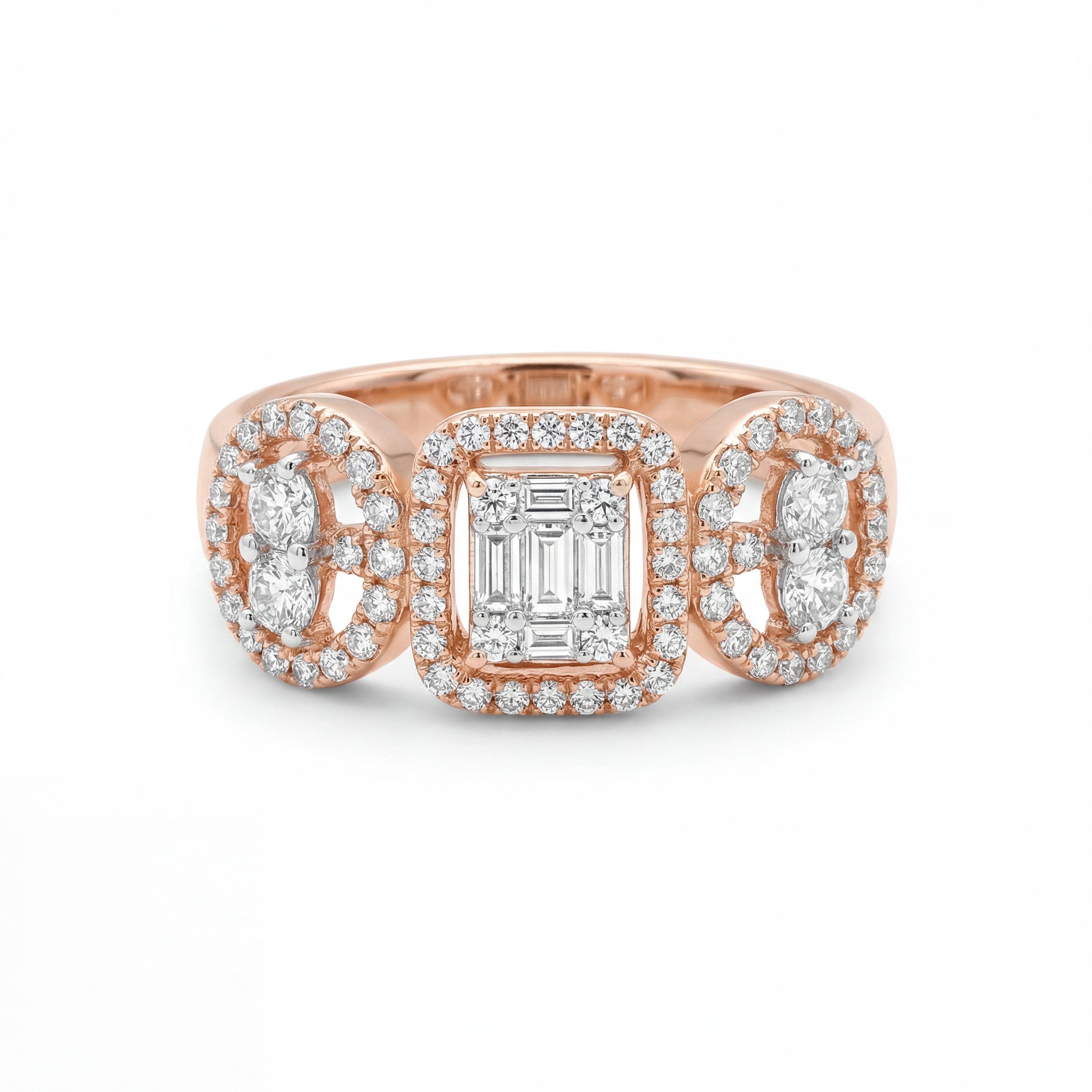 Elegant 18K rose gold diamond triple halo statement ring featuring emerald cut center diamond with oval side diamonds and pavé halo setting by Pachchigar Jewellers Ashokbhai
