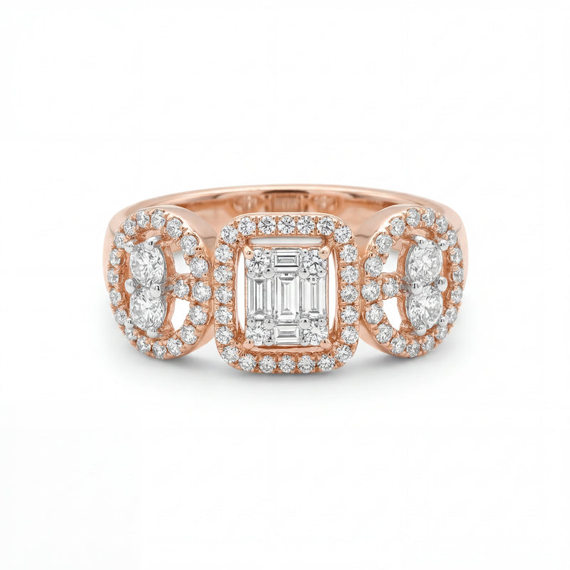 Elegant 18K rose gold diamond triple halo statement ring featuring emerald cut center diamond with oval side diamonds and pavé halo setting by Pachchigar Jewellers Ashokbhai