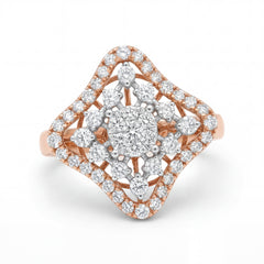Elegant 18K rose gold diamond vintage cluster halo ring featuring round brilliant center cluster with pear and round diamonds in geometric pavé setting by Pachchigar Jewellers Ashokbhai