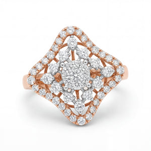 Elegant 18K rose gold diamond vintage cluster halo ring featuring round brilliant center cluster with pear and round diamonds in geometric pavé setting by Pachchigar Jewellers Ashokbhai