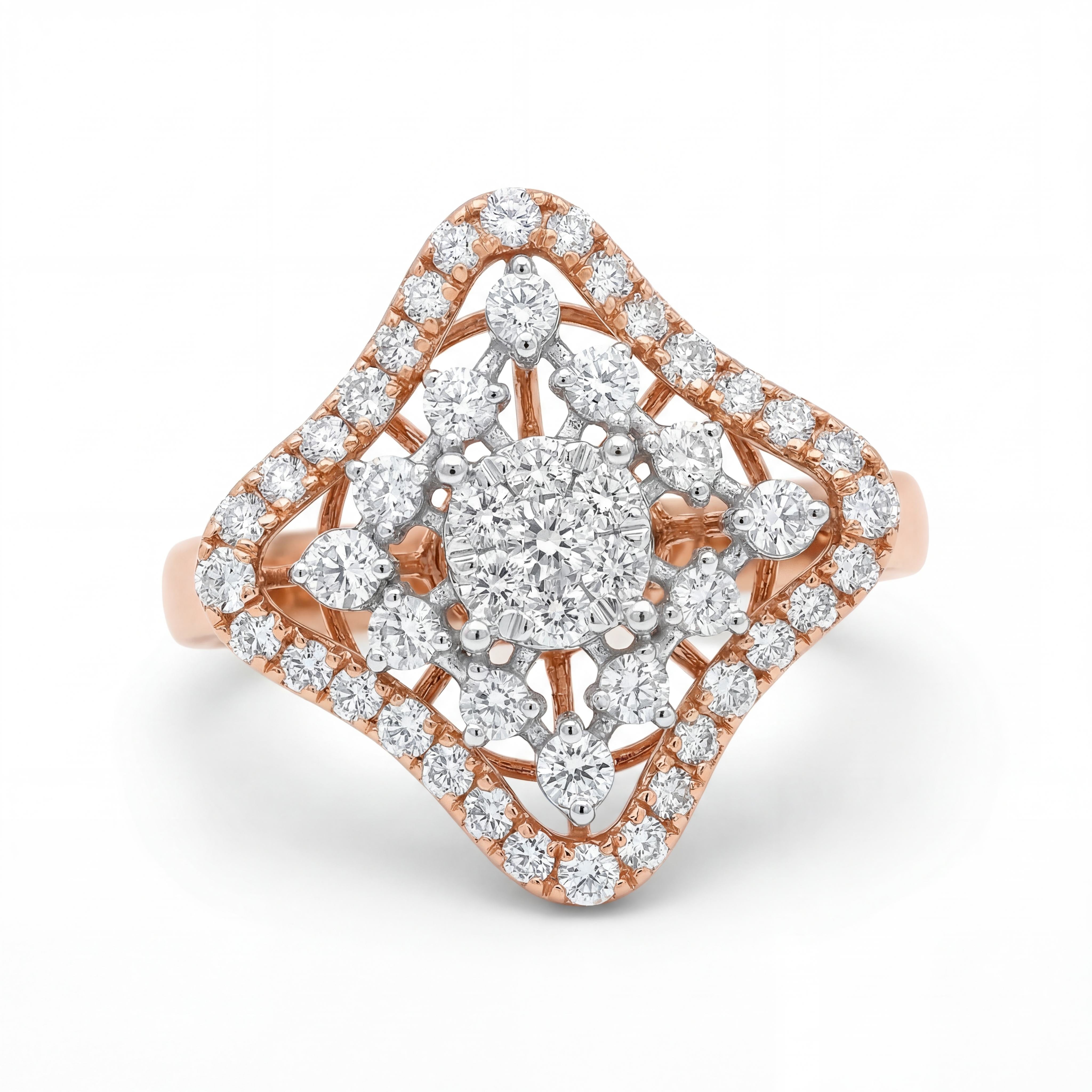 Elegant 18K rose gold diamond vintage cluster halo ring featuring round brilliant center cluster with pear and round diamonds in geometric pavé setting by Pachchigar Jewellers Ashokbhai