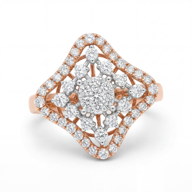 Elegant 18K rose gold diamond vintage cluster halo ring featuring round brilliant center cluster with pear and round diamonds in geometric pavé setting by Pachchigar Jewellers Ashokbhai