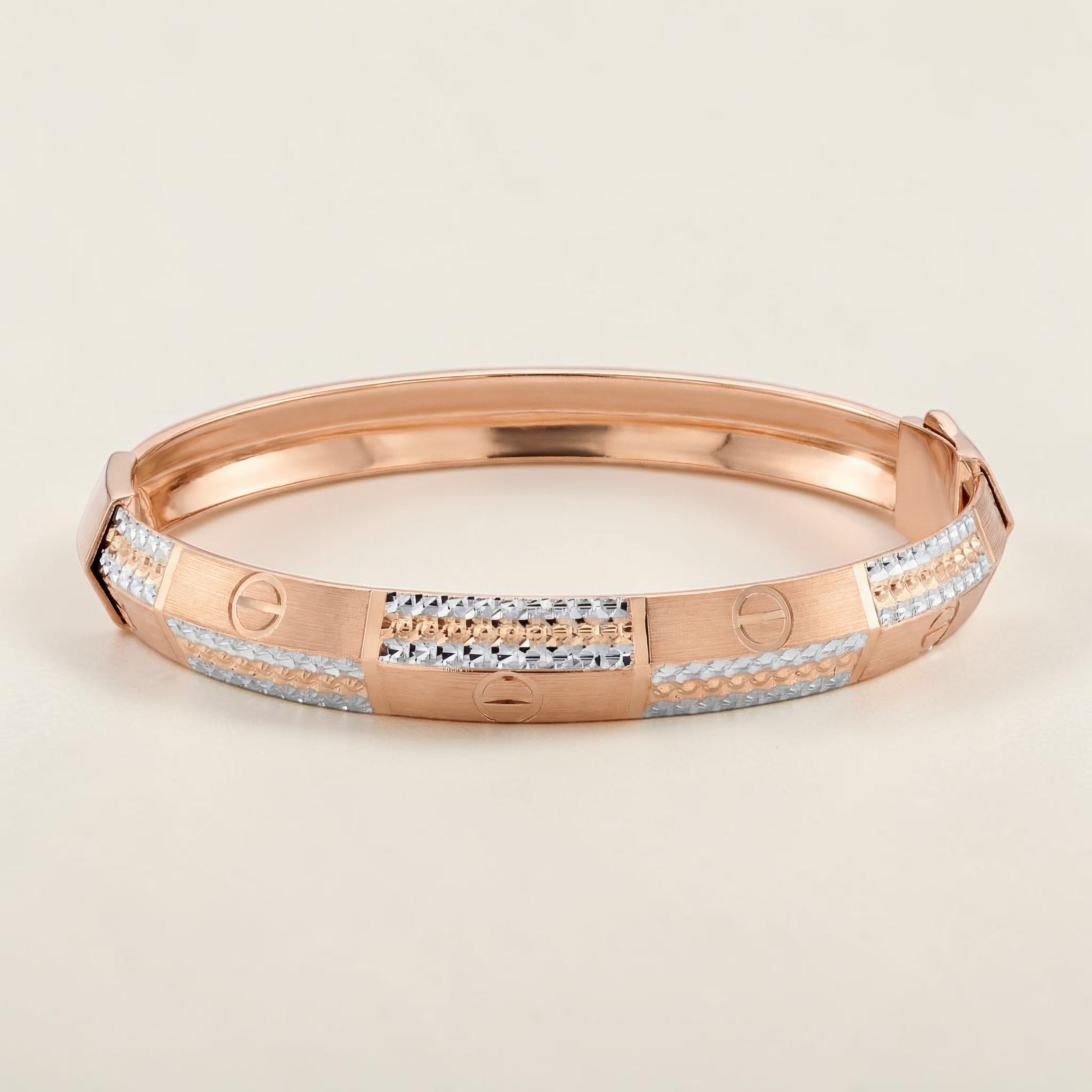 Premium 18K rose gold dual-tone designer kada featuring engraved screw motifs, textured white gold accents, and a sleek modern finish. Elegant luxury bracelet by Pachchigar Jewellers.