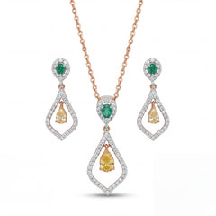 Elegant 18K rose gold emerald yellow diamond pendant earrings set featuring pear cut emerald tops, yellow pear diamonds and pavé diamond open drop design by Pachchigar Jewellers Ashokbhai