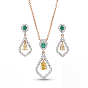 Elegant 18K rose gold emerald yellow diamond pendant earrings set featuring pear cut emerald tops, yellow pear diamonds and pavé diamond open drop design by Pachchigar Jewellers Ashokbhai