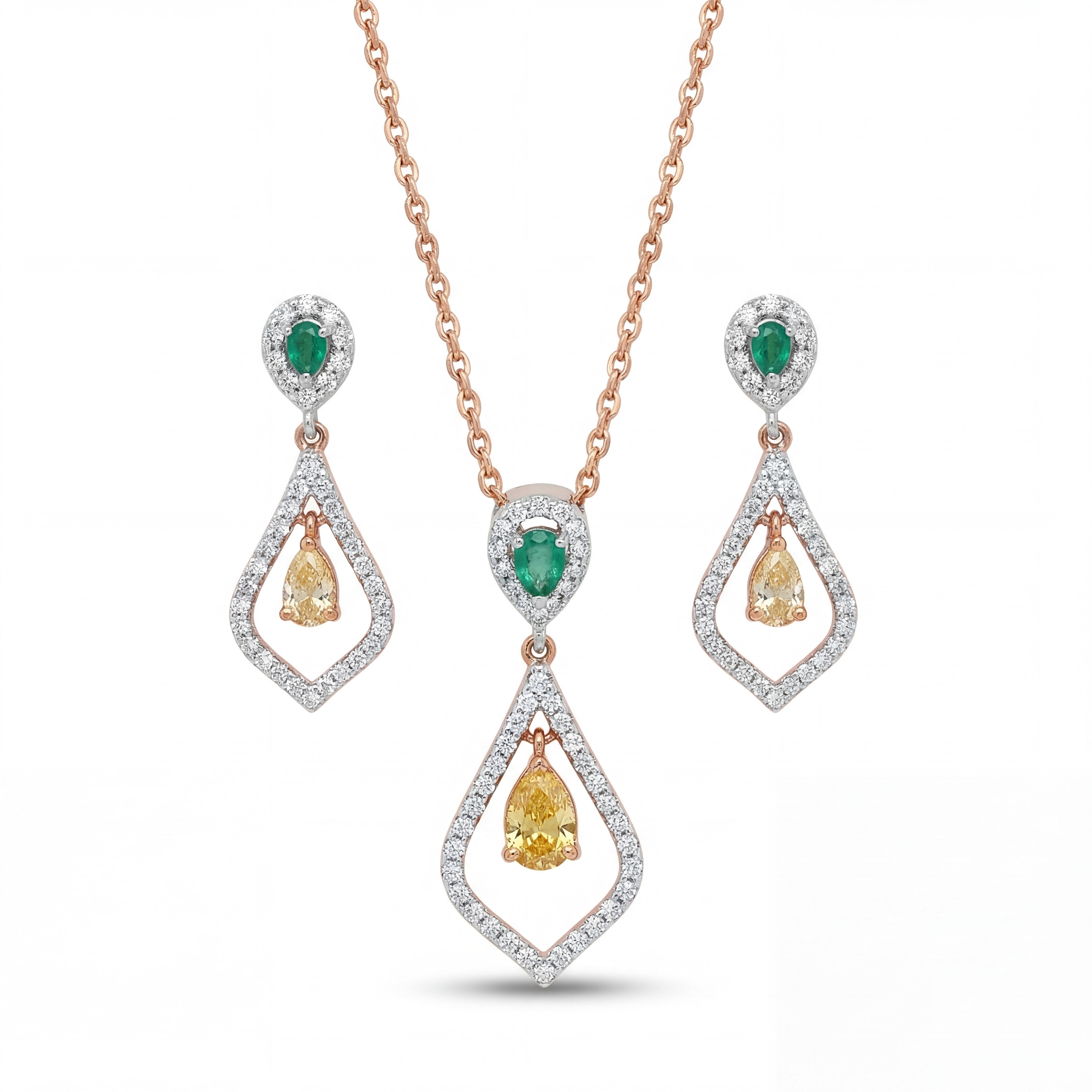 Elegant 18K rose gold emerald yellow diamond pendant earrings set featuring pear cut emerald tops, yellow pear diamonds and pavé diamond open drop design by Pachchigar Jewellers Ashokbhai