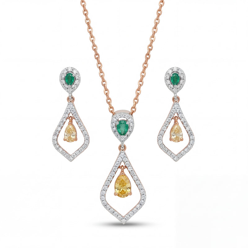 Elegant 18K rose gold emerald yellow diamond pendant earrings set featuring pear cut emerald tops, yellow pear diamonds and pavé diamond open drop design by Pachchigar Jewellers Ashokbhai