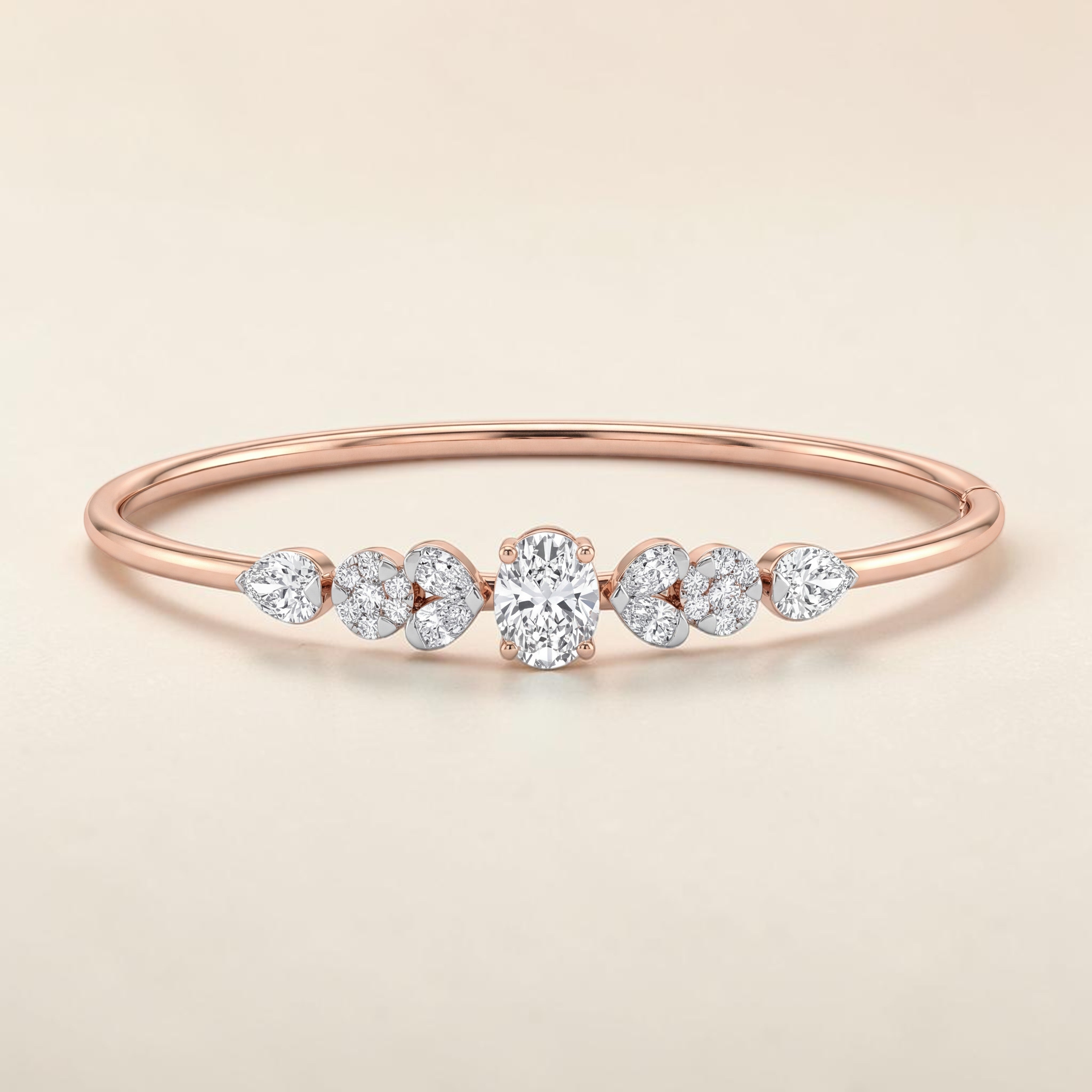 Delicate 18K rose gold diamond bangle featuring an oval center diamond, floral-inspired diamond clusters, and a sleek minimalist design. Elegant luxury bracelet by Pachchigar Jewellers.