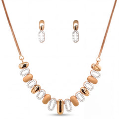 Modern 18K rose gold necklace set featuring alternating polished and diamond-studded geometric links with matching drop earrings in a contemporary elegant design.