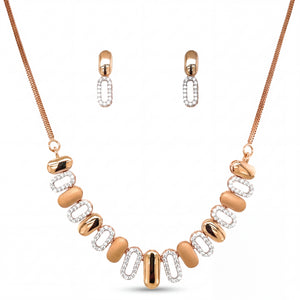Modern 18K rose gold necklace set featuring alternating polished and diamond-studded geometric links with matching drop earrings in a contemporary elegant design.