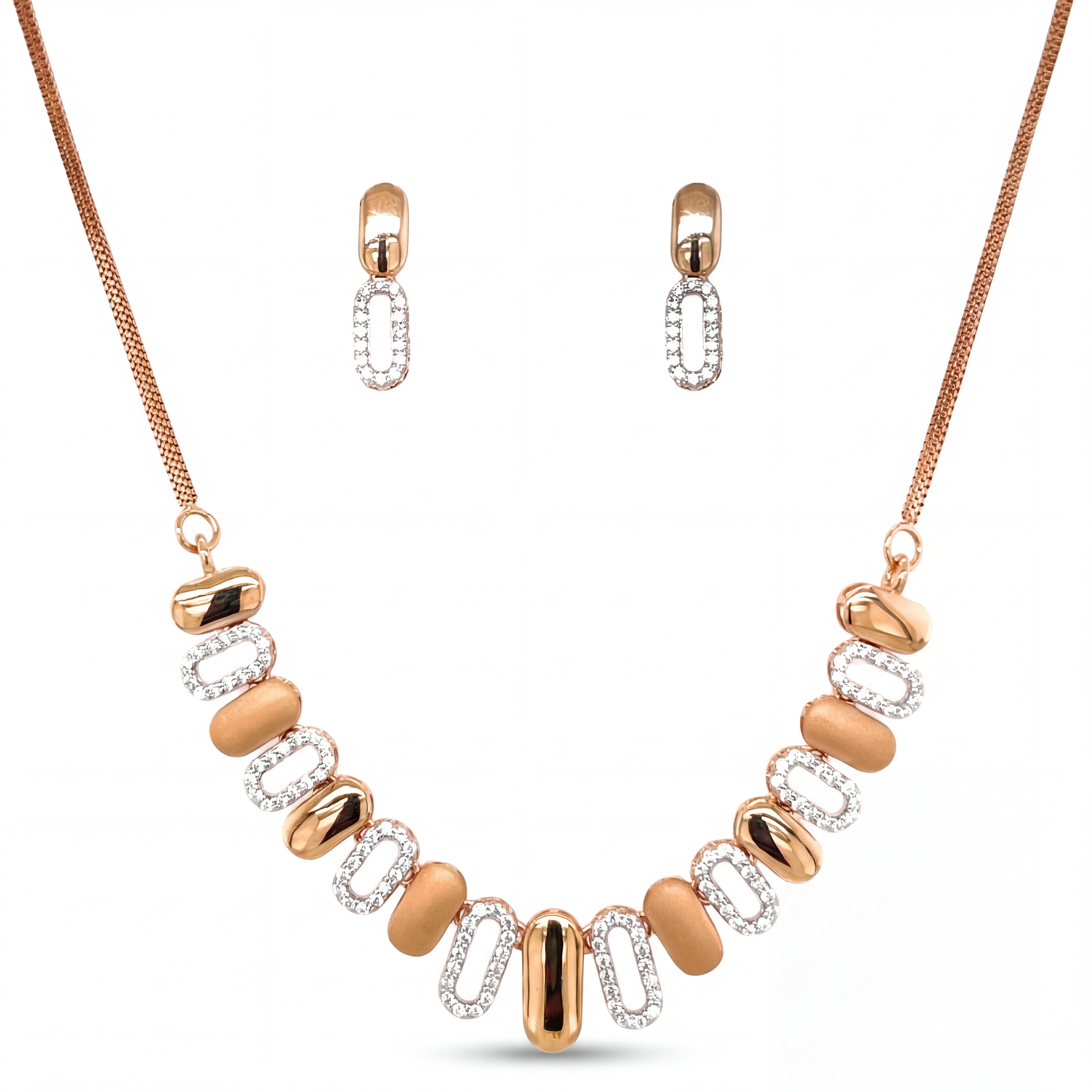 Modern 18K rose gold necklace set featuring alternating polished and diamond-studded geometric links with matching drop earrings in a contemporary elegant design.