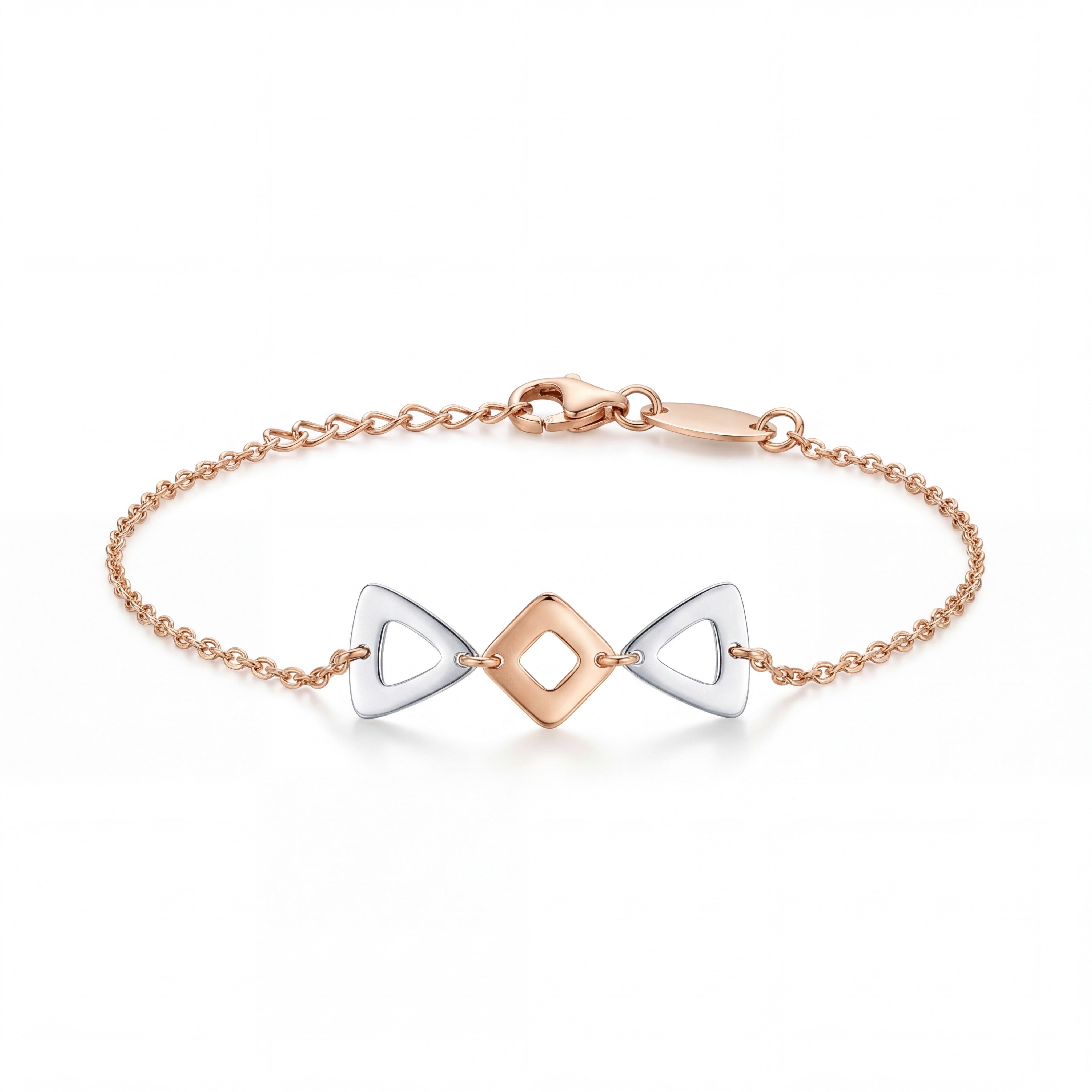 Elegant 18K rose gold bracelet featuring modern dual tone geometric motifs with rose gold and white gold accents on a delicate chain by Pachchigar Jewellers Ashokbhai