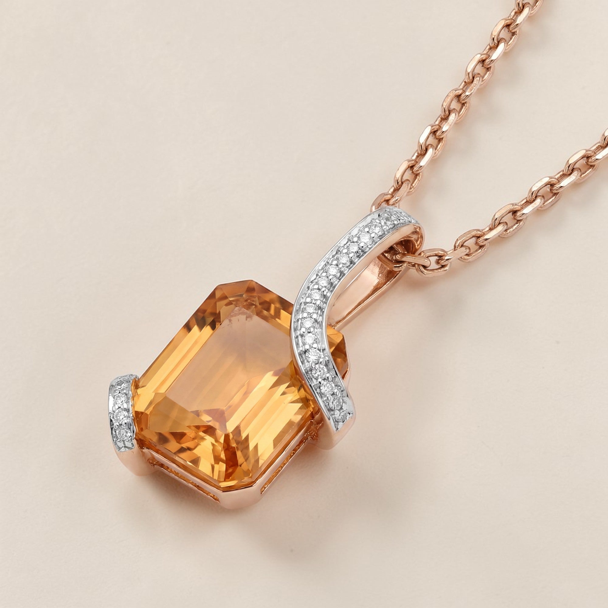 Luxurious 18K rose gold golden quartz designer pendant necklace with radiant rectangular amber gemstone accented by sparkling diamonds by Pachchigar Jewellers Ashokbhai