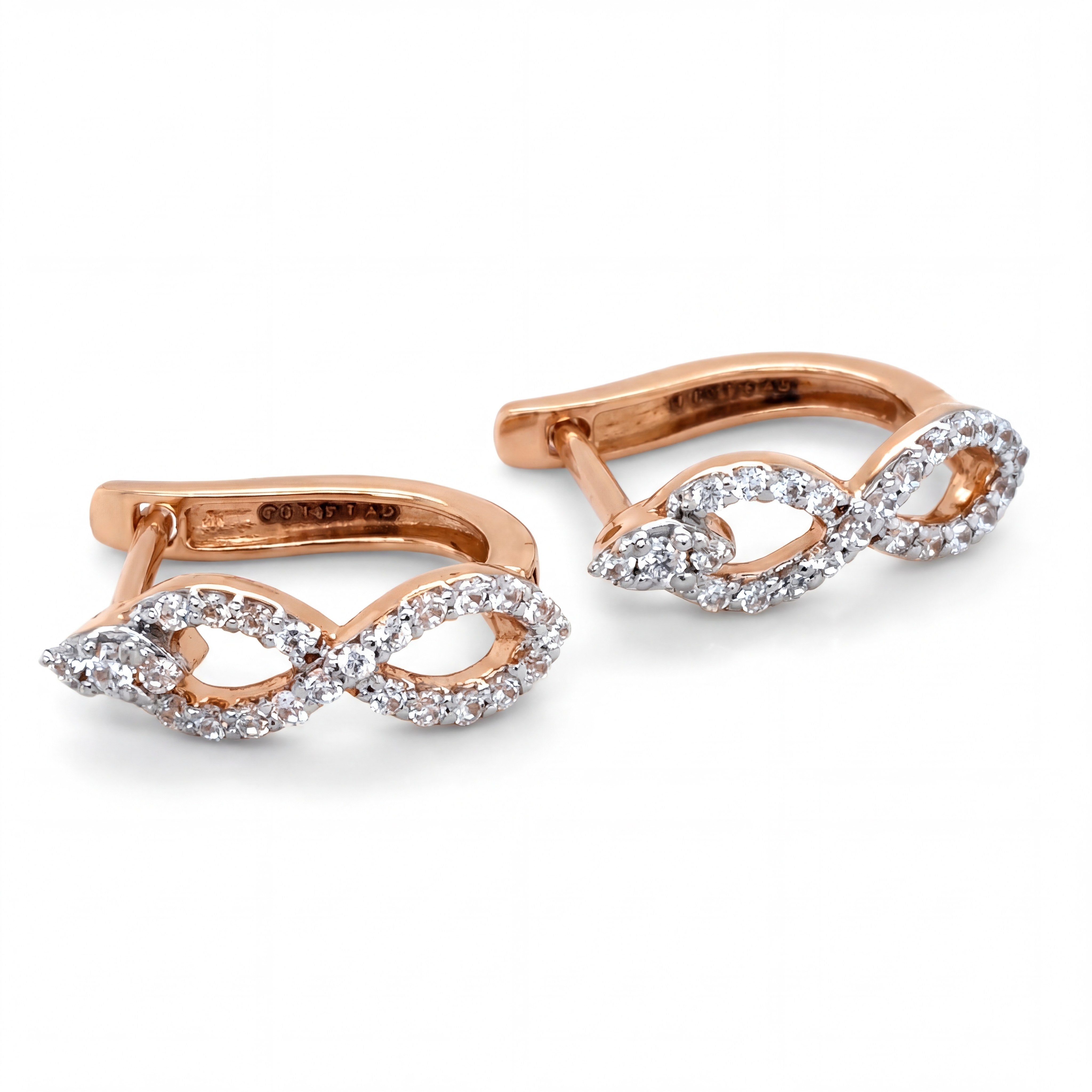 Stylish 18K rose gold stud hoop earrings with diamond-studded infinity symbol crafted in contemporary elegance by Pachchigar Jewellers Ashokbhai