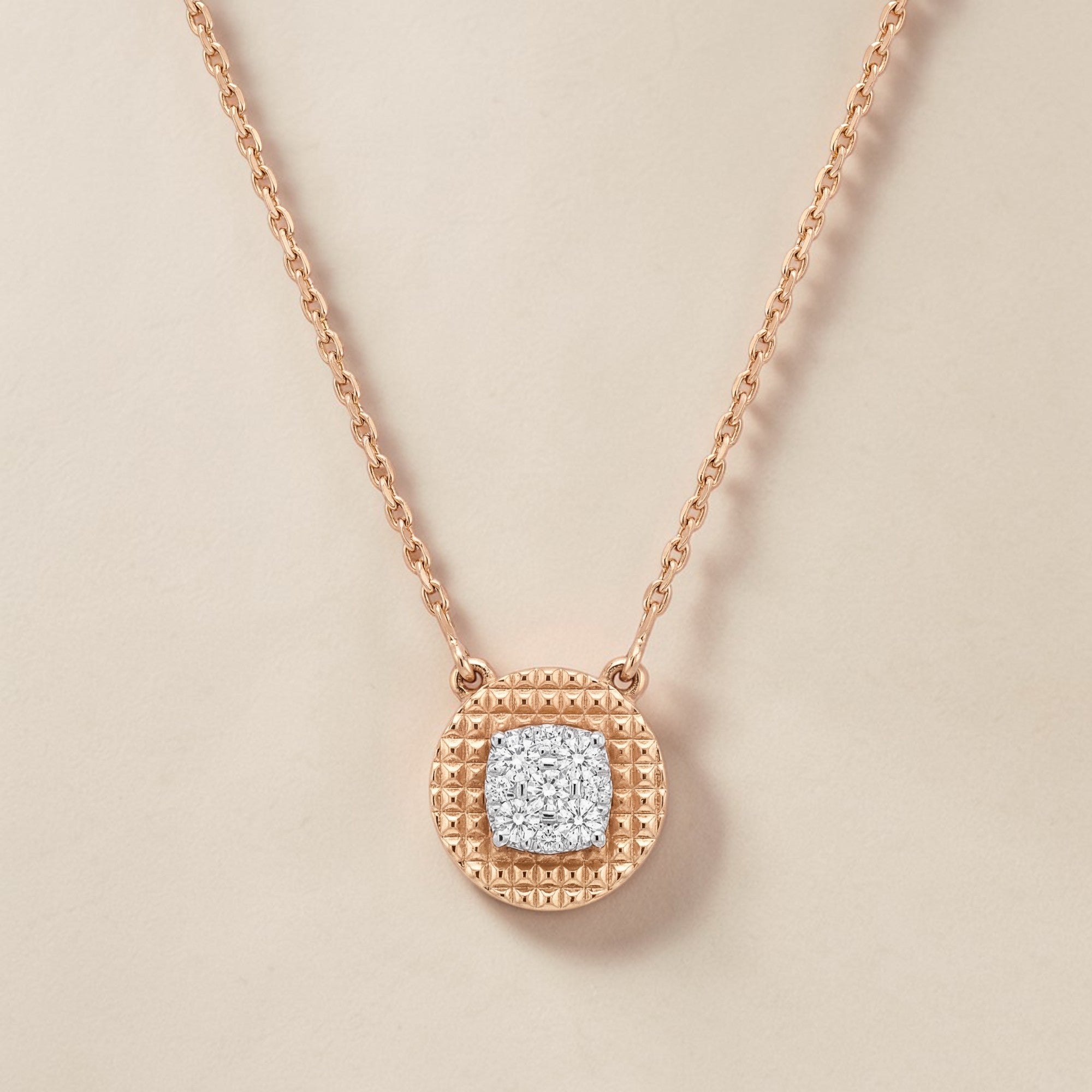 Stylish 18K rose gold minimal diamond medallion necklace with round geometric pendant and sparkling diamond centerpiece by Pachchigar Jewellers Ashokbhai