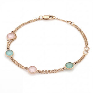 Stylish 18K rose gold bracelet with round pastel gemstones in blush pink and aqua tones linked on a graceful double chain crafted by Pachchigar Jewellers Ashokbhai