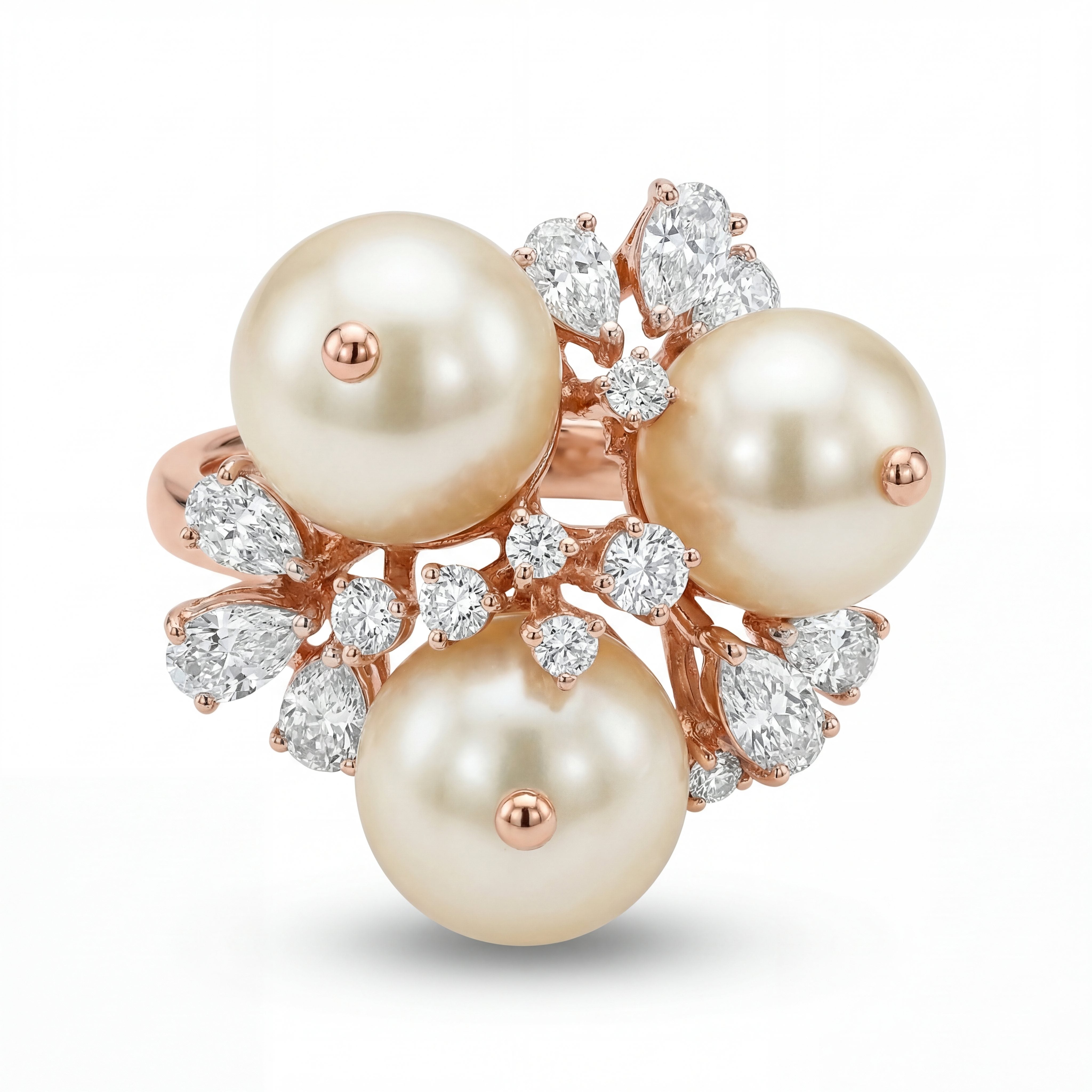 Elegant 18K rose gold pearl diamond floral statement ring featuring three round pearls with marquise and round diamond cluster detailing by Pachchigar Jewellers Ashokbhai