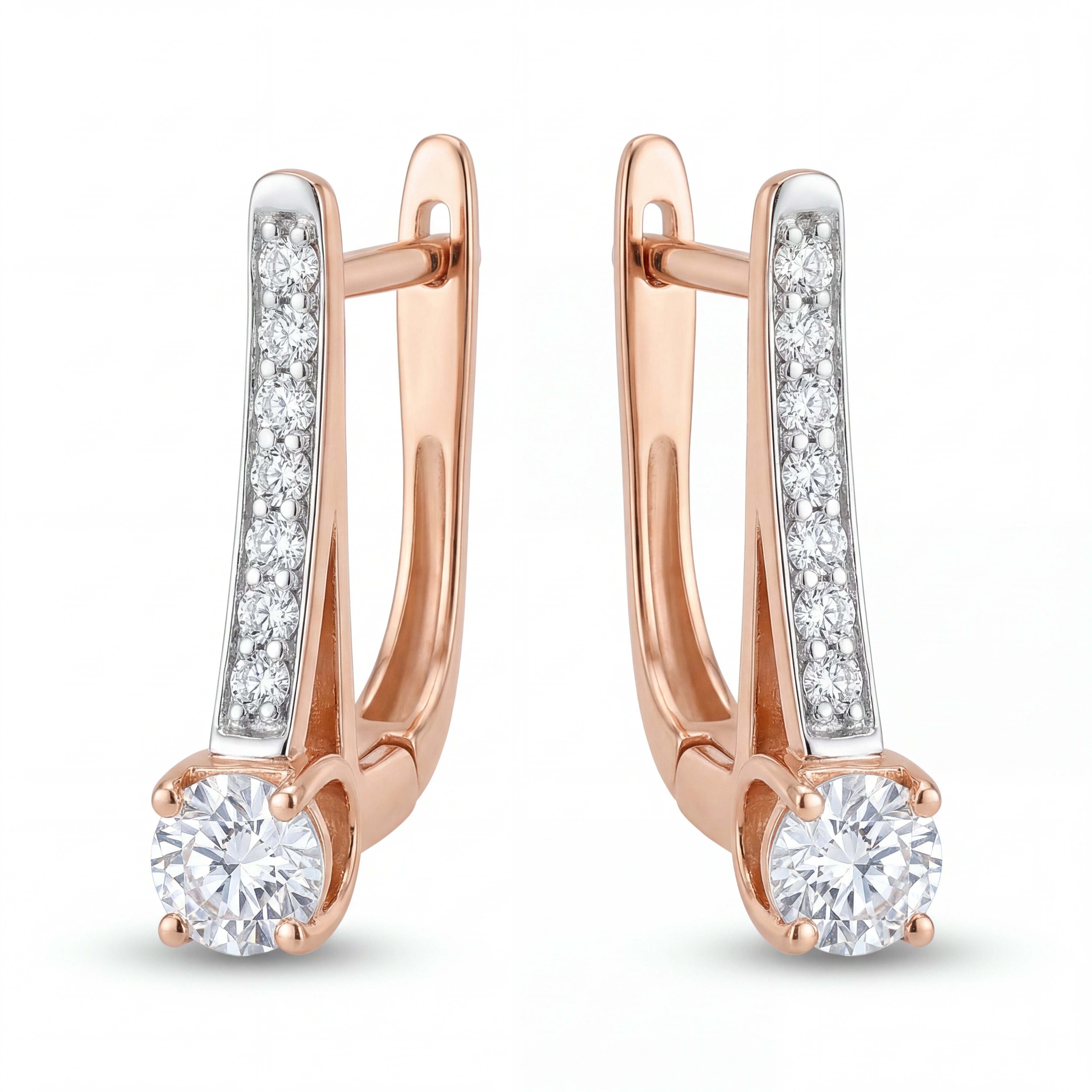 Stylish 18K rose gold drop earrings with brilliant round diamonds and sparkling linear diamond setting crafted by Pachchigar Jewellers Ashokbhai